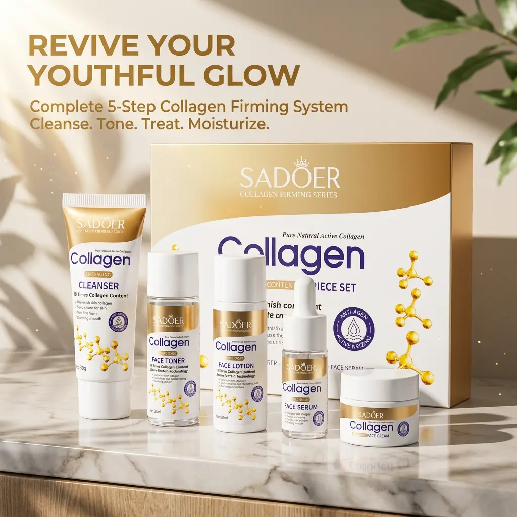 5 Piece Collagen Skin Care Set, Anti-Wrinkle & Firming Travel Kit with Hydrating Moisturizer for All Skin Types