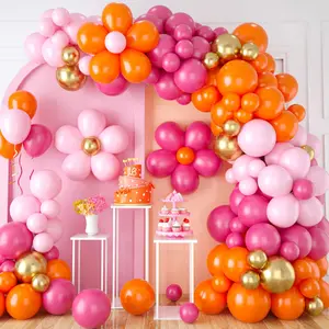Pink Orange Balloon Garland, Daisy Arch with Gold Flower Balloons for Birthday Wedding Decoration