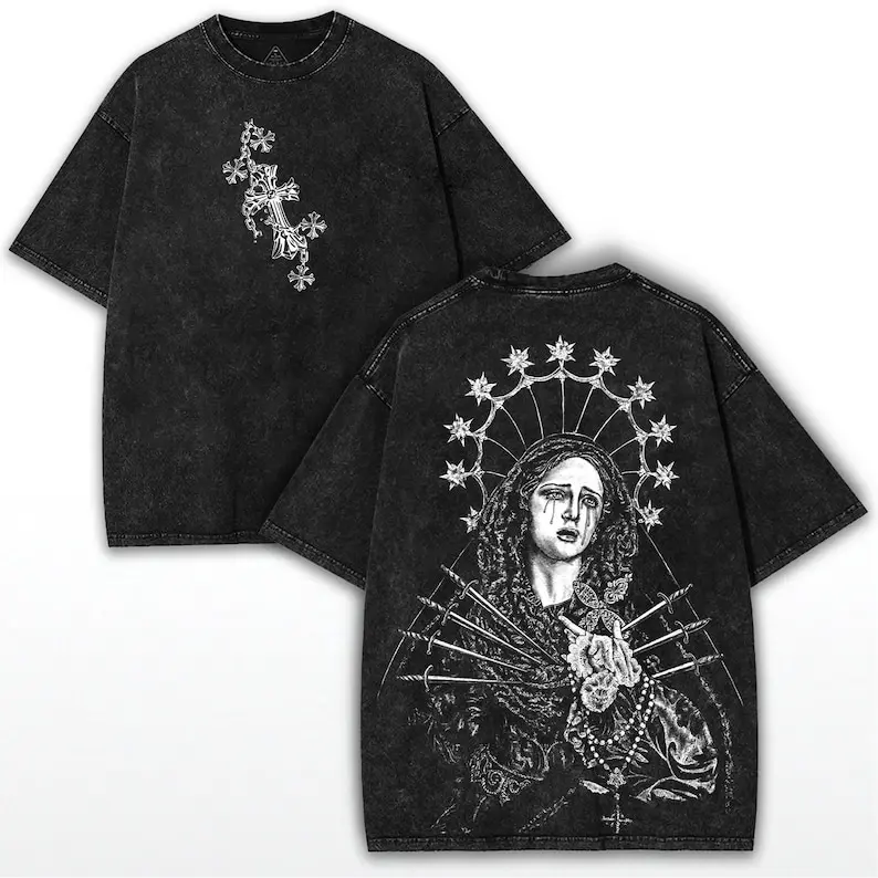 valentine shirts Lady of Sorrows Oversized Tee: Gothic Seven Swords Graphic, Vintage Washed Cotton
