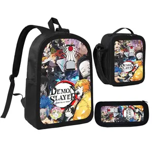 Demon Slayer Kimetsu no Yaiba Child School Backpack with LunchBags ,Pencil Bags ,School Bags for Boys Girls Best Gift-D