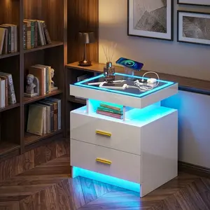 Auto Sensing LED Nightstand, White Tempered Glass Top Bedside Table with Wireless Charging Station and USB Ports, High Gloss MDF End Side Table with 3 Drawers for Modern Bedroom Home Decor