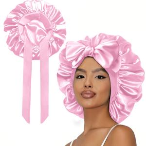 New Cool Double layered Satin Adjustable Hat with Shoulder Straps, Suitable for Sleep Satin Lining Silk Skin, Suitable for Women's Natural Curling Pink Headwear Outdoorfun Haircare  Heatless Elastic