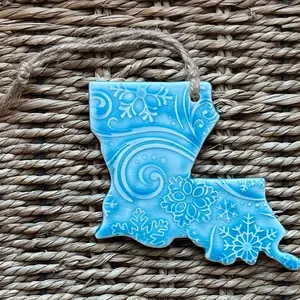 Louisiana Shape Snowflake Ornament - Blue Ceramic with Snowflake Design for Festive Decor