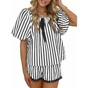 Imily Bela Womens Summer Striped 2 Piece Short Sets Short Puff Sleeve Scoop Neck Babydoll Blouse Vacation Lounge Sets