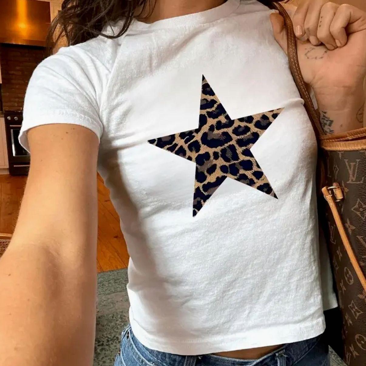 Leopard Star Baby Tee, Western Graphic Shirt, Trendy Animal Print Top, For Women, Full Size, Soft Cotton.