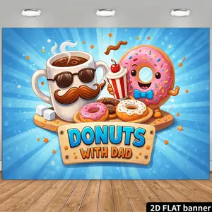 2D Flat Banner, 1pc Beard-themed Backdrop Featuring Blue "DONUTS with DAD" Text, Brown Beards, Pink Donuts, Chocolate-colored Donuts, Blue Donuts, Brown Fashion Glasses, Red Cherries, White Cream, Red Striped