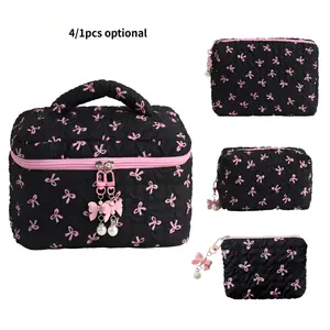 4 Pcs Bow Makeup Bag Set, Casual Floral Pattern Cosmetic Organizer, Travel Skincare Bag, Bathroom Storage, Multifunctional Handheld Zipper Case