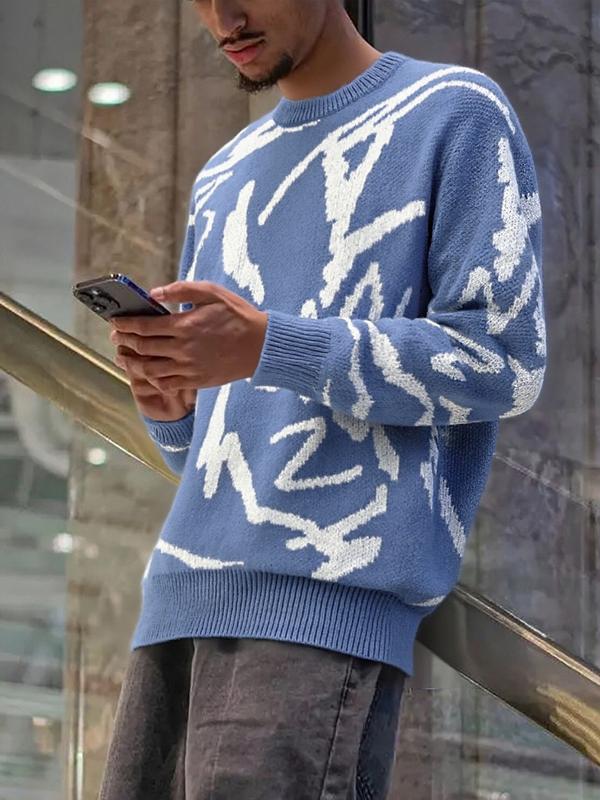 Men's Geometric Print Drop-Shoulder Sweater Pullover, Casual Street Comfy Long Sleeve Round Neck Jumper for Fall & Winter, Men's Knitwear for Daily Wear