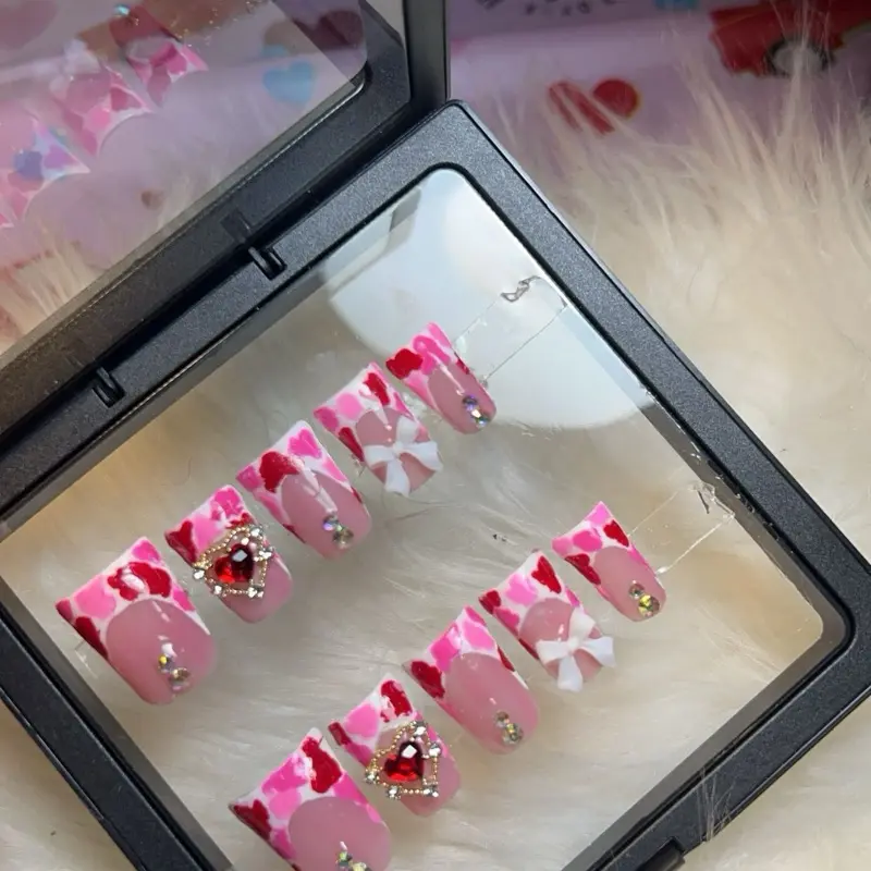 Valentines Press-On Nails Set - Pink Color, Red Accents, Includes Heart-Shaped Earrings