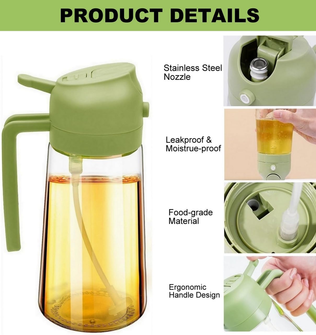 2-Pack 2-in-1 Glass Oil Bottle & Sprayer Flask Set, 16OZ 470ml Leak-Proof Auto Nozzle Utensils with 50-400ml Scale, Precise Measurement, Spray Type for Camping, Kitchen Cooking