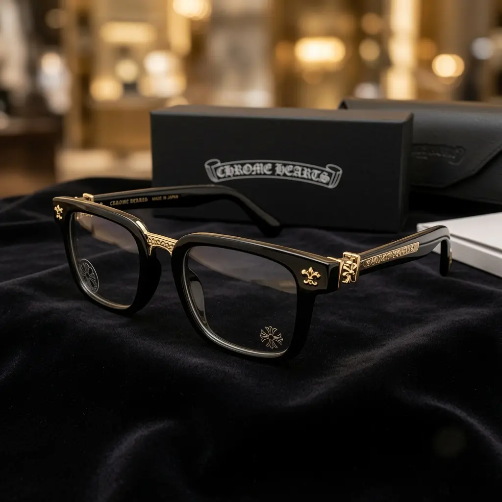 Chrome Hearts Black Optical Eyeglasses Square Acetate Frame Silver Cross Detail Unisex Eyewear