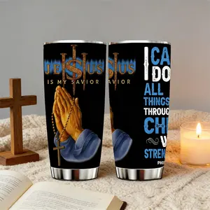 AuraCup 1pc 20ozstainless steel insulated tumbler with lid and straw, Jesus is My Savior prayer hands Christian scripture design, double-wall hot cold travel mug, Stainless Steel Thermal, Christmas gifts, faith gifts for men and women