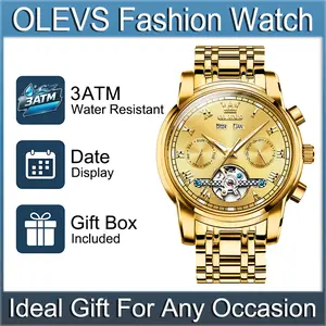 OLEVS 6607 Men's Gold Automatic Mechanical Watch, Business Skeleton Wristwatch with Roman Numerals, Multi-Functional Dial with Year, Month, Date & Week Display, Luminous Hands, Water Resistant Stylish Dress Watch, Premium Gift for Gentlemen