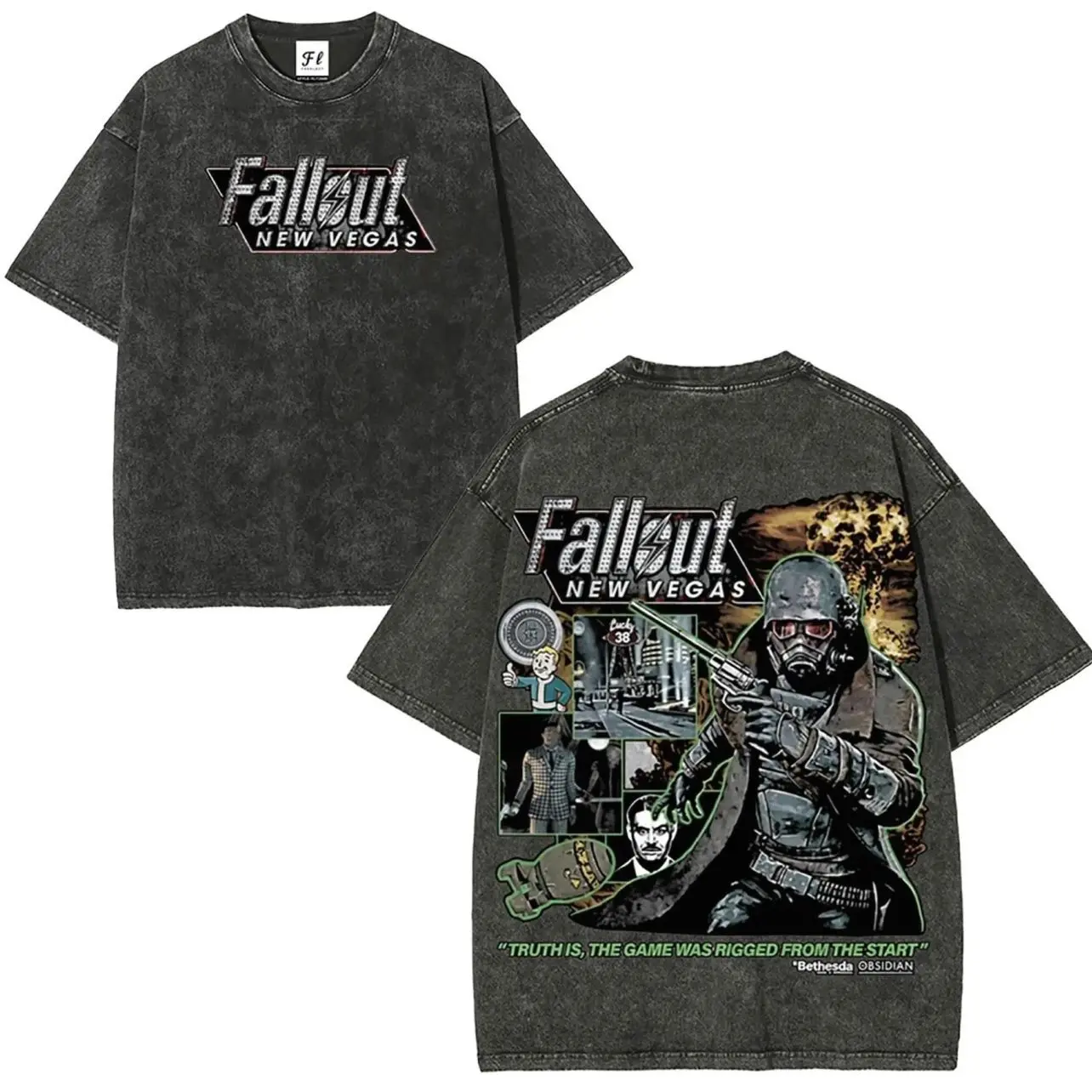 Vintage Fallout 3 New Vegas Green Wash Unisex Cotton T-Shirt Retro Gaming Tee for Gamers & Casual Wear Double-Side Washed Graphic Top Round Neck Streetwear Shortsleeve Menswear Tshirt ETR