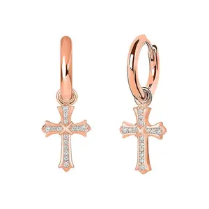 Men & Women 18K Rose Gold Plated CZ Cross Leverback Huggie Hoop Drop Earrings