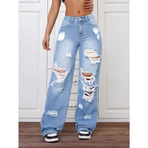 Fashionable Wide Leg Distressed Washed Jeans