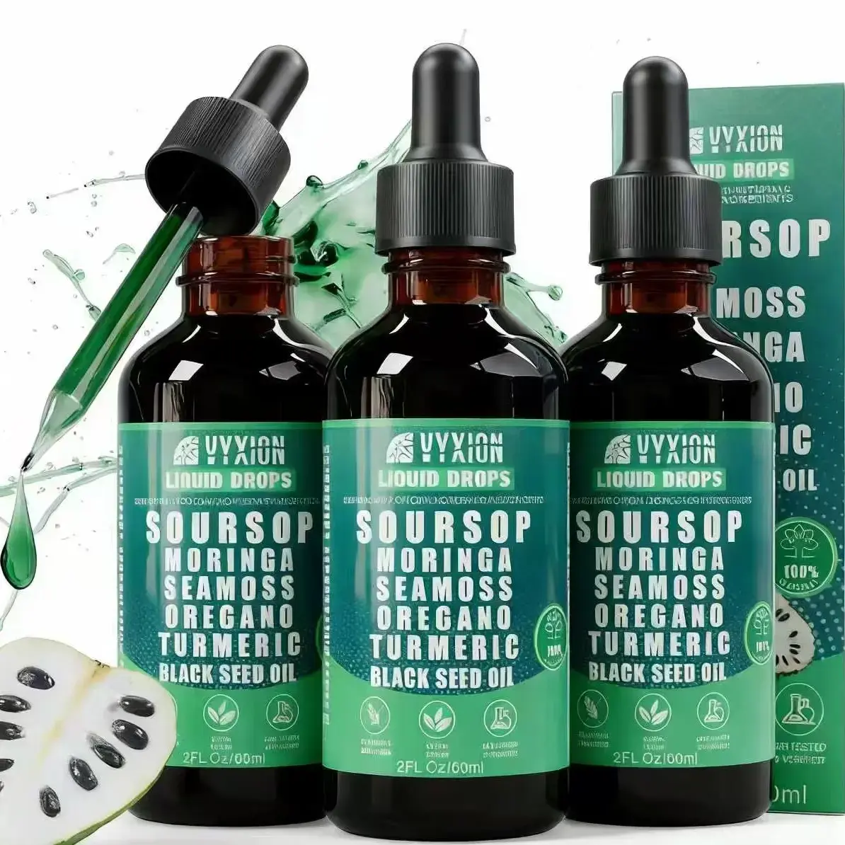 VYXION Pure Soursop 10 in 1 Liquid Drops Extract - Seamoss,Moringa,Black Seed Oil,Turmeric,Oregano Liquid Drops for Immune System and Gut Health Support