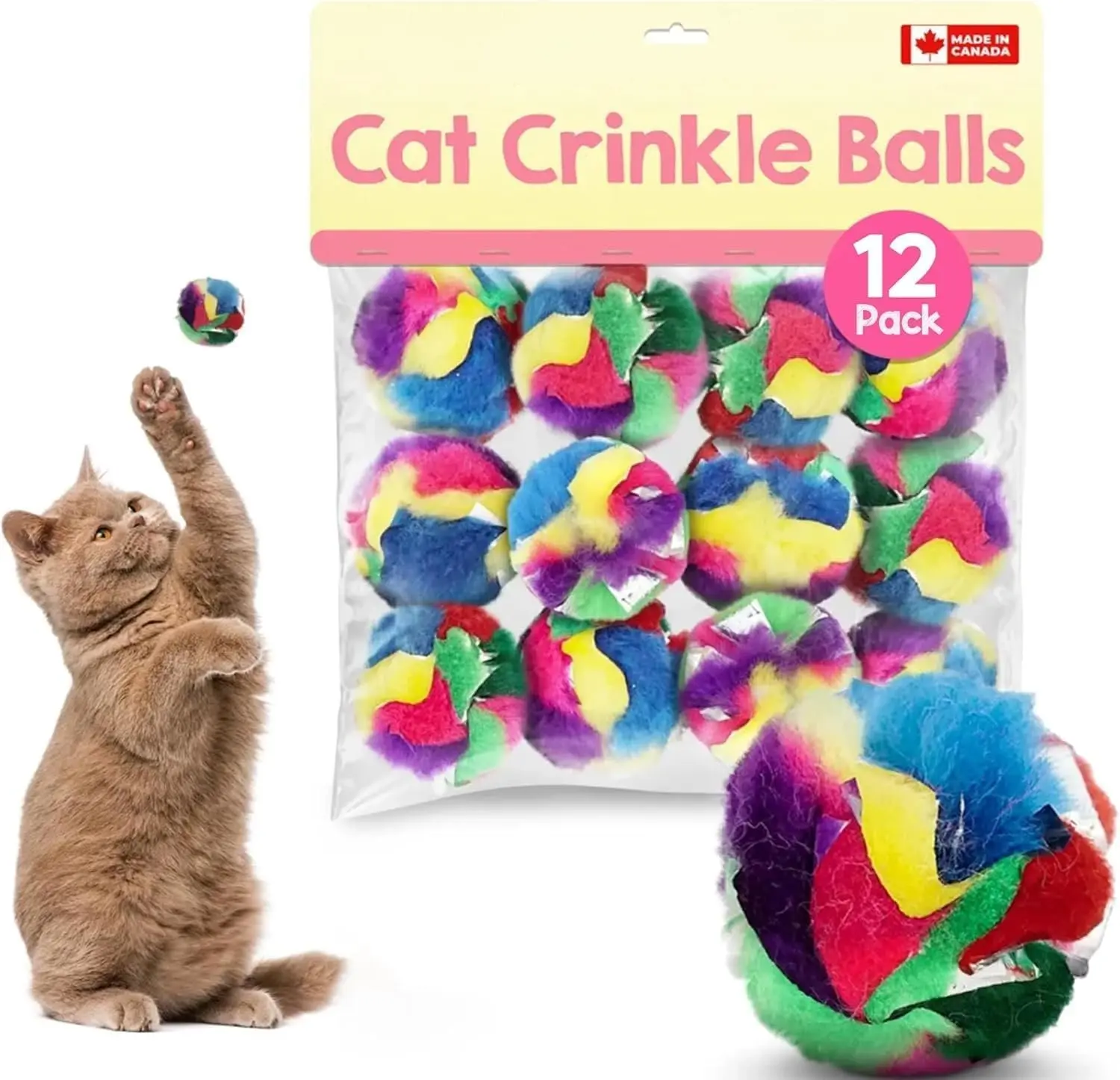 1.5 inches Crinkle Ball Cat Toys 12-Pack - Soft, Lightweight, Sparkly, Durable, Safe, Fuzzy, Tinsel Sensory Enrichment Toys for Kittens - Ideal for Indoor Batting, Chasing, Daily Exercise, Chase, Yarn