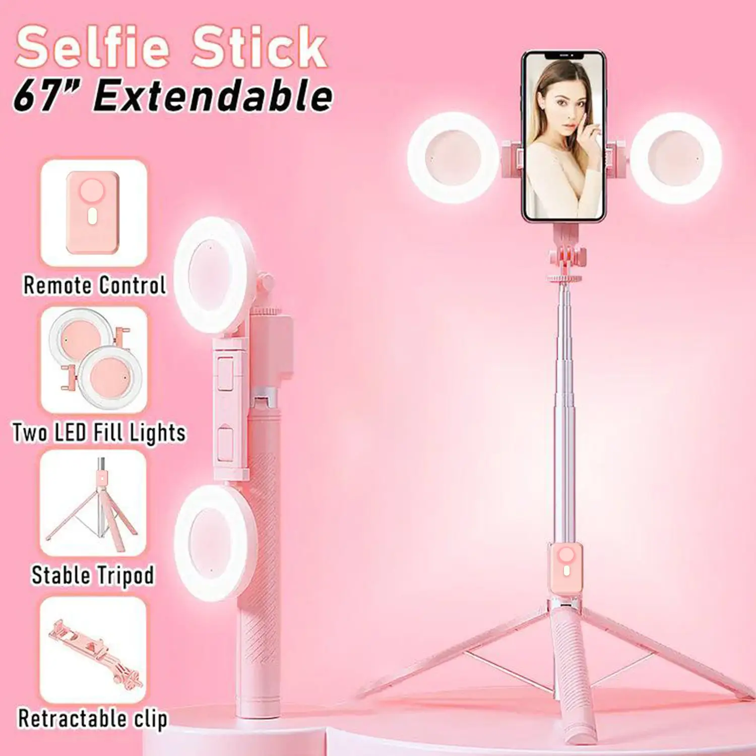 67 Selfie Stick Tripod with Ring Light 360°Rotation, Dual Fill Lights, Selfie Light，Wireless Remote for iPhone Android phone tripod for Vlog stand con