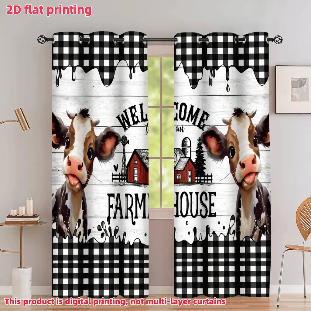 2D Flat 2Pcs Farmhouse Decor Curtains, Black White Gingham Check Drip Pattern, Cow Print Window Drapes, Privacy Grommet Curtains for Home, Semi-Shade, Privacy Protection, Home Decorative Curtain