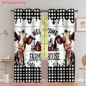 2D Flat 2Pcs Farmhouse Welcome Decor Curtains, Black White Gingham Check Drip Pattern, Cute Cow Print Window Drapes for Kitchen, Living Room, Bedroom Home, Semi-Shade, Privacy Protection.