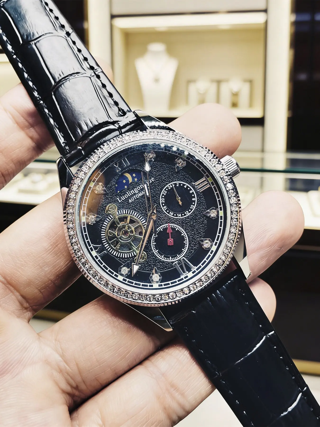 Luxury Diamond-Encrusted Case Men's Automatic Analog Mechanical Watch Skeleton Tourbillon Moon Phase 24-Hour Subdial Leather Strap Business Casual Men's Watch Waterproof Engraved Men's Wristwatch High End Watch
