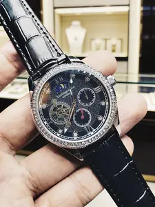 Luxury Diamond-Encrusted Case Men's Automatic Mechanical Watch Skeleton Tourbillon Moon Phase 24-Hour Subdial Leather Strap Business Casual Men's Watch Waterproof Engraved Men's Wristwatch