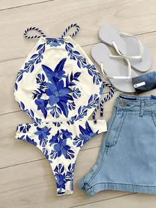 European and American sexy floral print women's halter one-piece swimsuit for beach