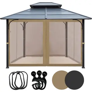 8x8 Gazebo Mesh Walls,4-Sided Screen Netting with 42Curtain Rings & 42Rail,Khaki (for Gazebo & Pergola)