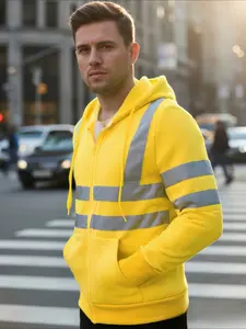 Men's Reflective Stripes Hooded Work Sweatshirt | Fleece-Lined Windproof Pullover with Zipper (High-Vis Safety Wear for Construction, Night Jogging & Outdoor)