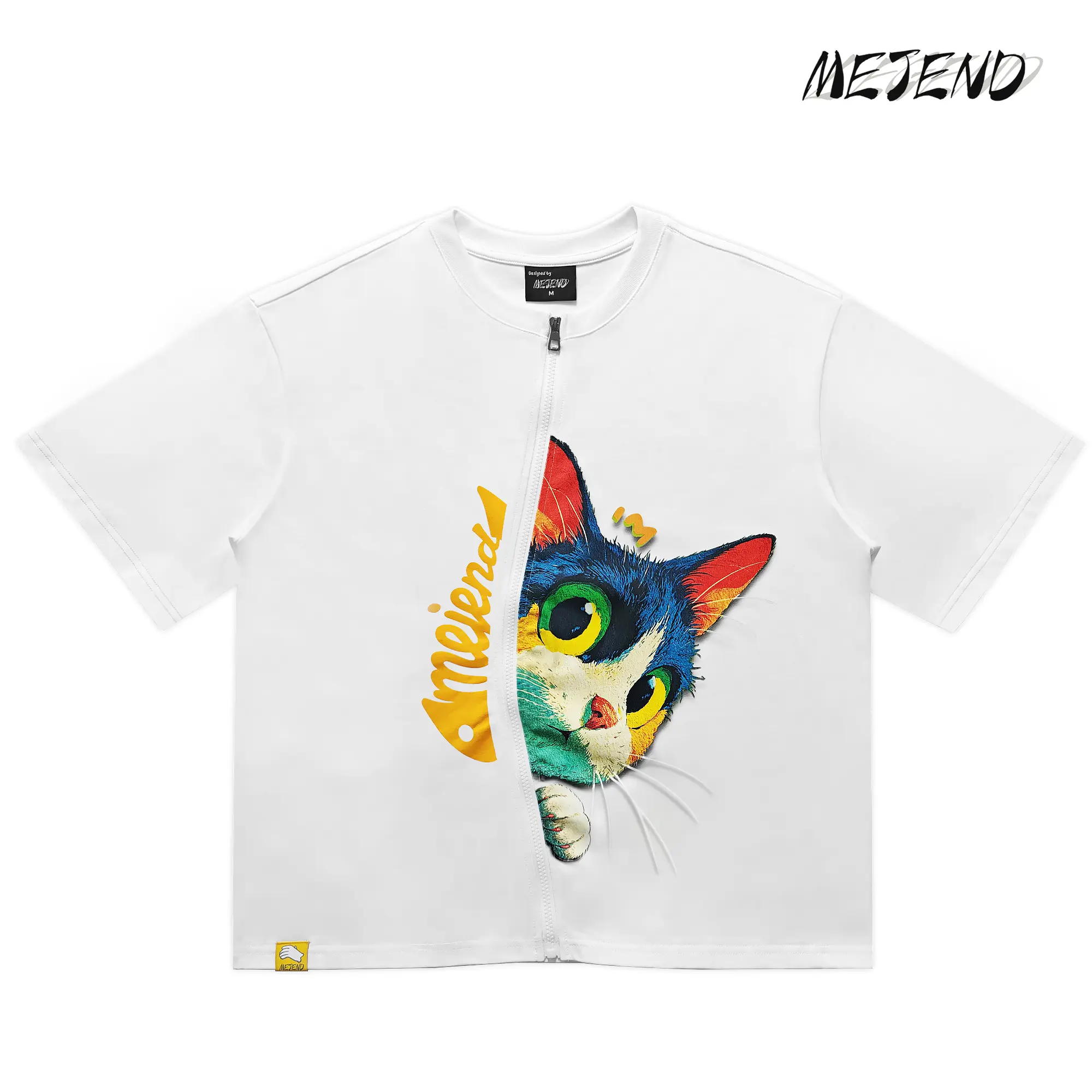 MeJend Zipper Short Sleeve T-Shirt, Creative Graphic Print, Novelty Tee, 12oz Heavyweight Cotton, Couple Outfit, Summer Layering, Cat Graphic Unisex
