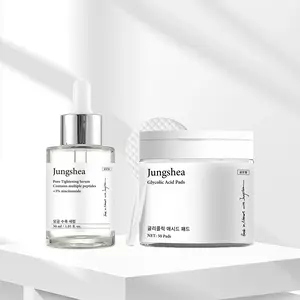 JUNGSHEA Korean Pore Tightening Serum & Glycolic Acid Pads Duo | 3% Niacinamide + Peptides | Minimize Pores, Exfoliate & Glow! (30ml + 50 Pads)