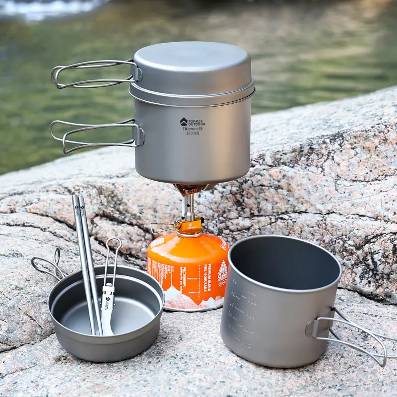 Pure Titanium Camping Cookware Set, Foldable Lightweight Soup Pot Frying Pan, Compact Easy Storage Titanium Cookset for Outdoor BBQ Backpacking Hiking Picnic
