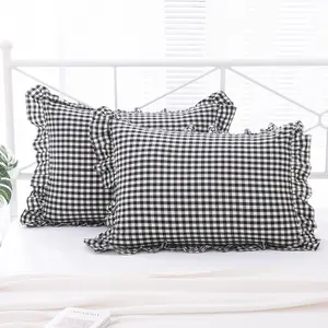 2 Pack Black and White Plaid Ruffle Gingham Standard Pillow Shams, 100% Washed Cotton Checkered Farmhouse Shabby Pillow Covers for Bed/Sofa - 20"x26"