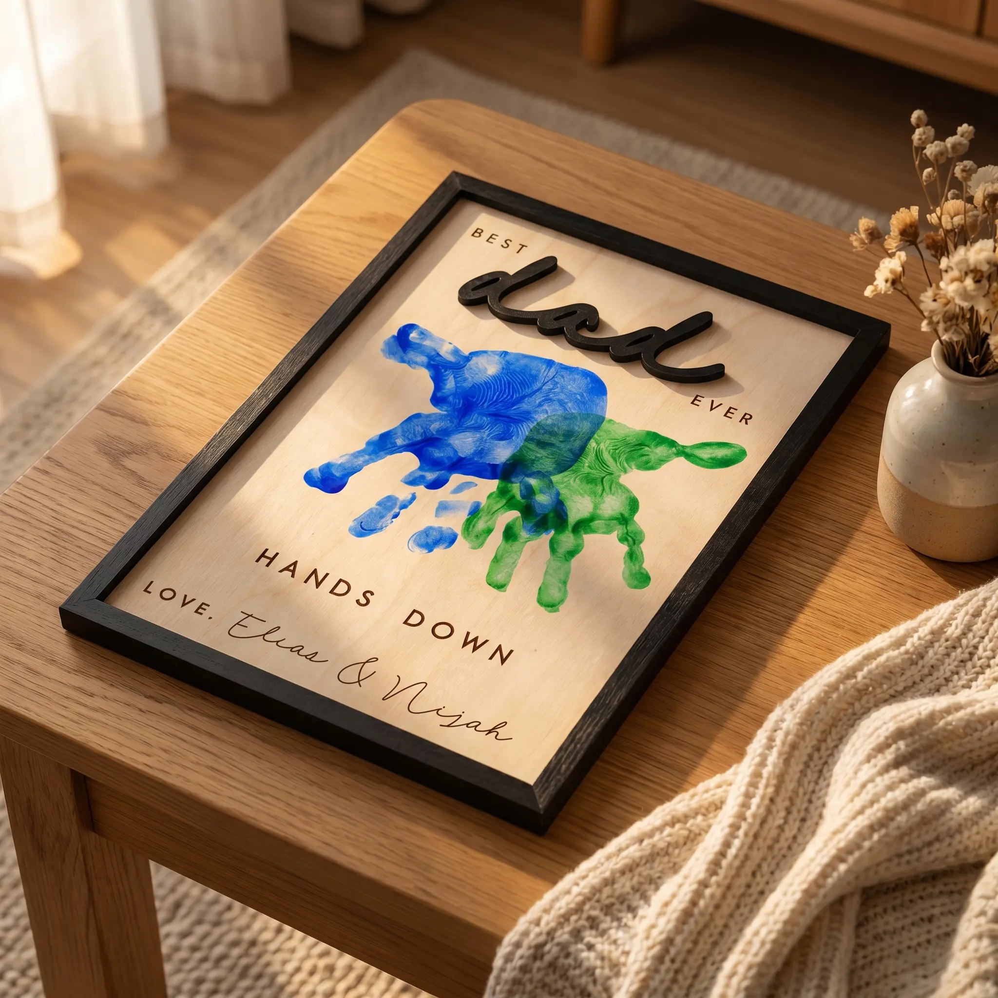 Father's Day Wooden DIY Handprint Sign - "Best Dad Ever Hands Down" Personalized Gift for Dad from Kids, Ideal for Father’s Day and Birthday Presents-MM1