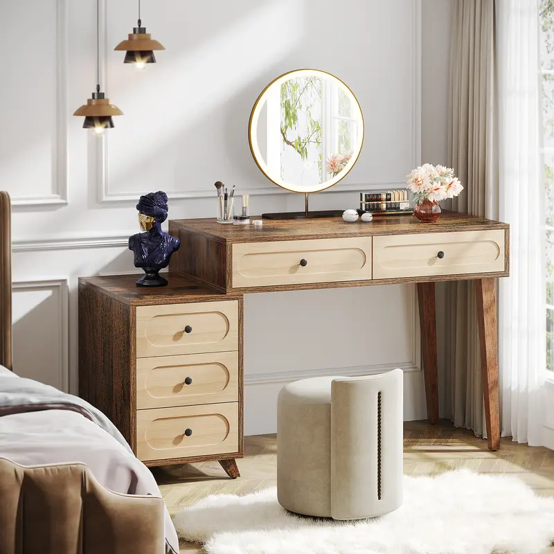 LITTLE TREE Vanity Desk with 5 Drawers, 51-Inch Makeup Vanity Table for Women Girls, Wooden Dressing Table Set for Makeup Room, Bedroom (Without Mirror & Stool)