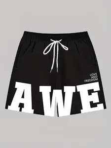 Men's casual shorts, printed design with drawstring, letter pattern, regular fit.