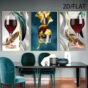 3-piece set - Frameless red wine glasses for modern kitchen wall art, dining room wall decoration, abstract canvas printed art piece, contemporary retro image painting, frameless kitchen home decoration poster