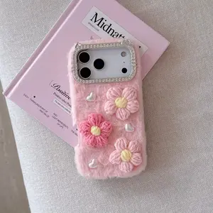 Fluffy Heart Pearl Phone Case, Optional Flower Wrist Strap, Cat Ear Camera Frame, Cute Couple Design, Fits iPhone13 14 15 16 17 Pro Plus Pro Max