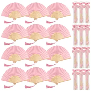 48 Pcs (12 sets) Pink Handheld Folding Fans with Organza Bags, Pre-tied Ribbon Bows with Twist Ties and Tassels, DIY Wedding Favors Kit for Guests, Bridal Shower Party Giveaways (Assembly Required)