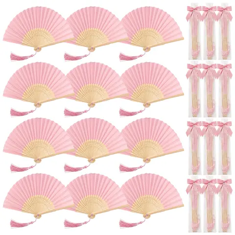 Pink Lightweight Handheld Folding Fans Pack (48 Pcs/12 Sets) with Satin Pre-Tied Ribbon Bows, Twist Ties, Tassels & Organza Bags, DIY Wedding Favors Kit for Bridal Shower Guests (Decor, Photo Use, Assembly Required)