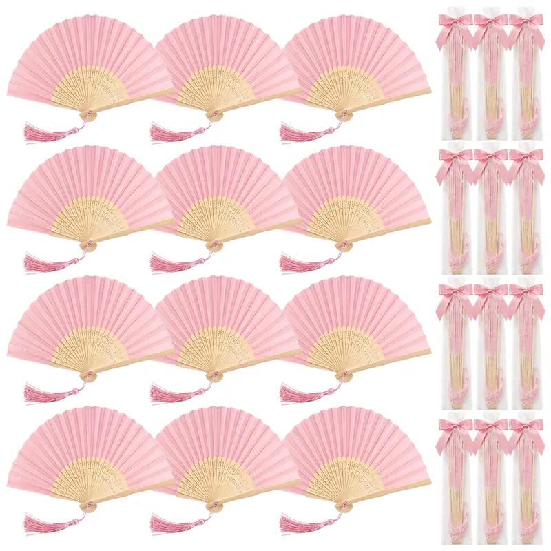 Pink Lightweight Handheld Folding Fans Pack (48 Pcs/12 Sets) with Satin Pre-Tied Ribbon Bows, Twist Ties, Tassels & Organza Bags, DIY Wedding Favors Kit for Bridal Shower Guests (Decor, Photo Use, Assembly Required)