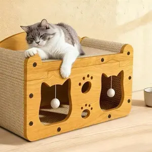 Multi-Style Double-Layer Cat Scratcher House, 2-Tier Large Cat Villa Bed With Corrugated Cardboard, Interactive Hanging Balls & Ergonomic Neck Support, Furniture-Saving Hideaway Cave For Indoor Cats, Fits Up To 20kg