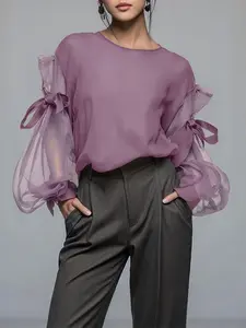 Elegant Round Neck Lantern Sleeve Tie Waist Long Sleeve Top, Sheer Mesh Patchwork Solid Color Casual Commuter Blouse, Women's Fashion Shirt