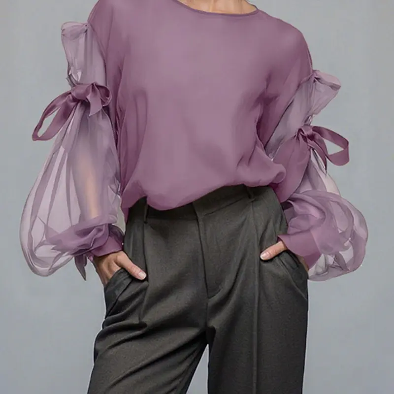 Elegant Chic Round Neck Puffed Lantern Sleeve Tie Waist Long Sleeve Top Fit, Sheer Mesh Patchwork Solid Color Basic Casual Commuter Blouse, Women's Fashion Shirt