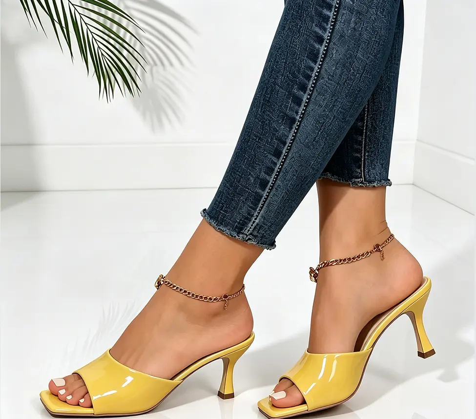 Women’s pointed-toe glossy thin-heel mule slides with a simple single strap for outdoor wear Sandal Rubber