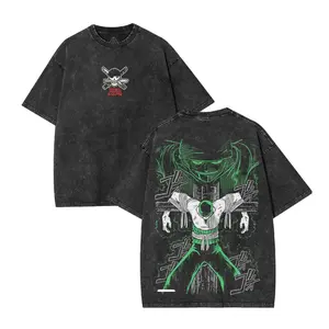 Roronoa Zoro One Piece Anime Graphic Tee Vintage Washed Manga T Shirt Retro Distressed Short Sleeve Casual Streetwear Three Sword Style Pirate Logo Shirt Summer Fashion Top Relaxed Fit Crew Neck Unisex Tee for Anime Fans