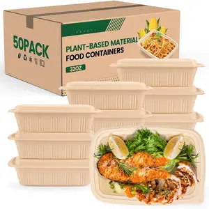 100 count (50 Pack) Meal Prep Containers with ,32 oz Resuable Cornstarch Material Salad Containers, -based Lunch Boxes, Plastic Take Out Bowls , Microwave Freezer Safe, Stackable