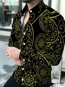 Men's Gold Mandala Totem Print Long Sleeve Shirt, Casual Fitted Design, Casual Wear Clothing, All over Print, Perfect for All Seasons