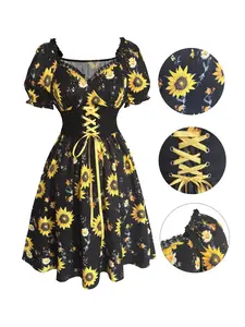 Sunflower Print Dress Vintage Bubble Sleeve Waist Cinched Summer Floral Dress Elegant Vacation Casual Womenswear